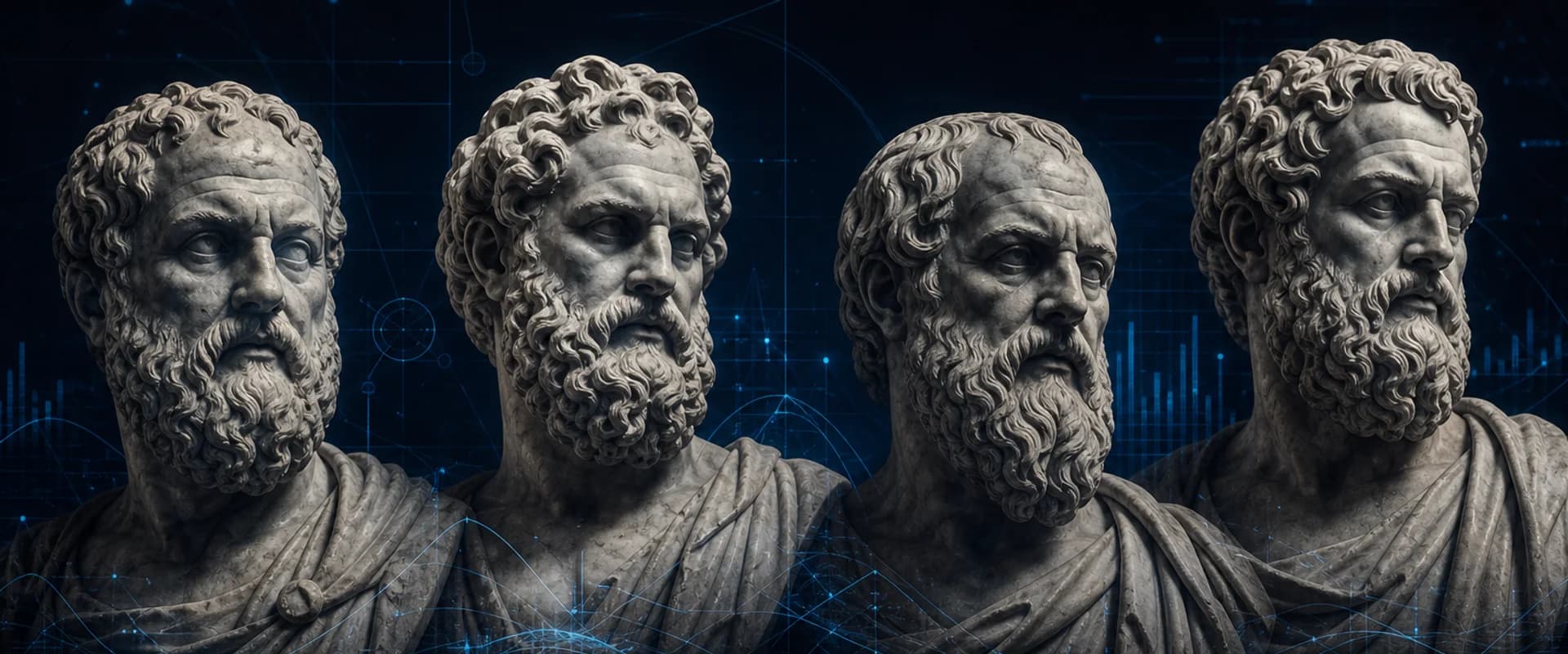 Ready to grow — Thirdline Digital call to action Four classical marble philosopher busts with electric blue holographic blueprint grids — book a strategy call with Thirdline Digital