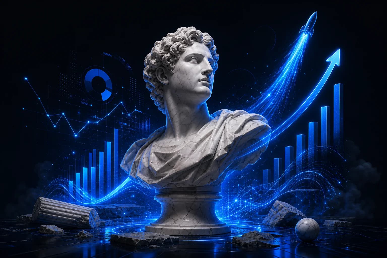 Push it further — Thirdline Digital process Growth scaling marble bust with ascending analytics charts