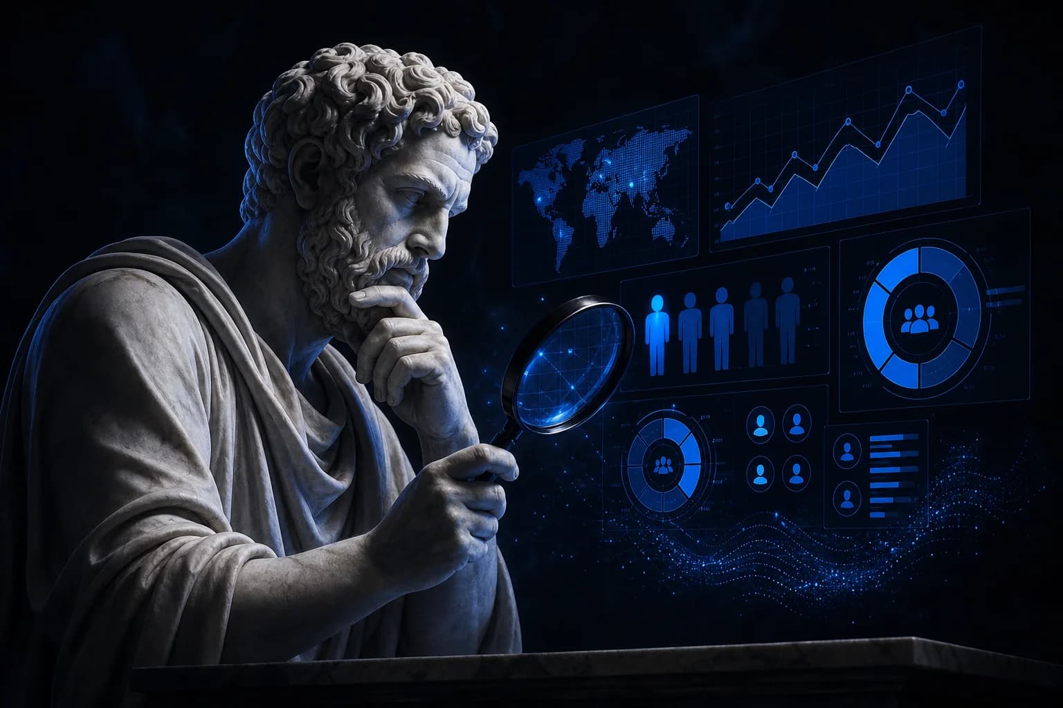 Stalk your market — Thirdline Digital process Market research marble bust with holographic audience data