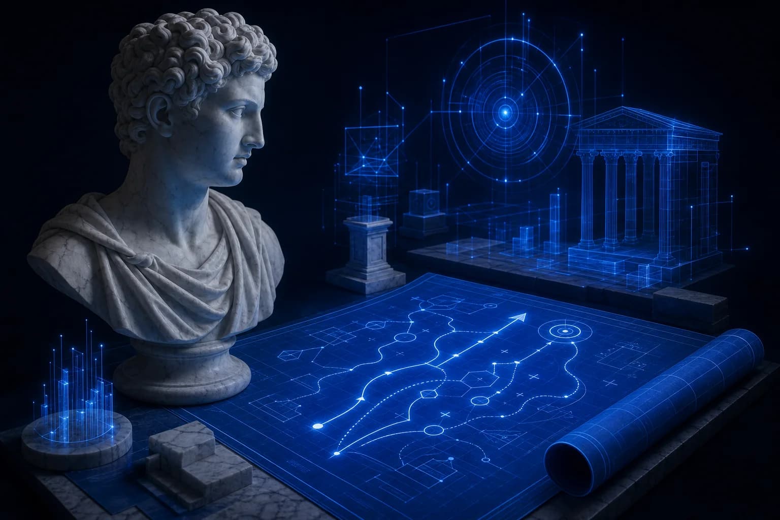 Build the playbook — Thirdline Digital process Strategy playbook marble bust with blue growth blueprint